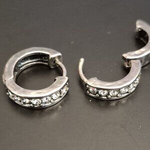 Vintage Sterling Silver White Crystal Hoop Pierced Earrings